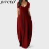 BITCED Summer Plus Size Women's Solid Colour Sensual Deep V-Neck Short-Sleeved Pocketed Maxi Dress
