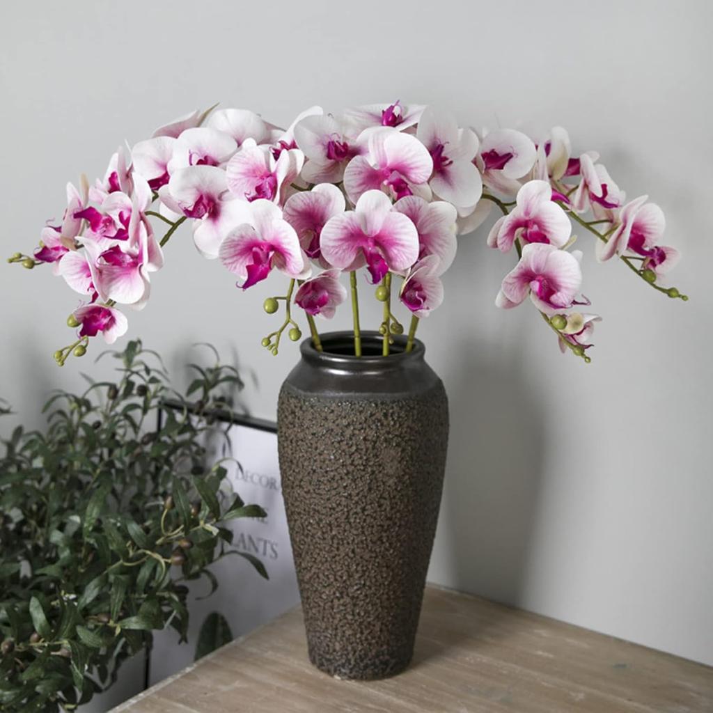HinyoCo 5 Pcs Artificial Orchid Flowers and 2 Bundles Leaves,Artificial Phalaenopsis Flowers 32 Inch Stem Plants for Home Wedding Decoration (White