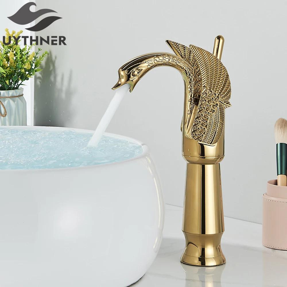 Uythner Luxury Swan Bath Basin Brass Faucet Cold and Hot Water Mixer Taps Black /Gold/Antique Bathroom Washbasin Crane