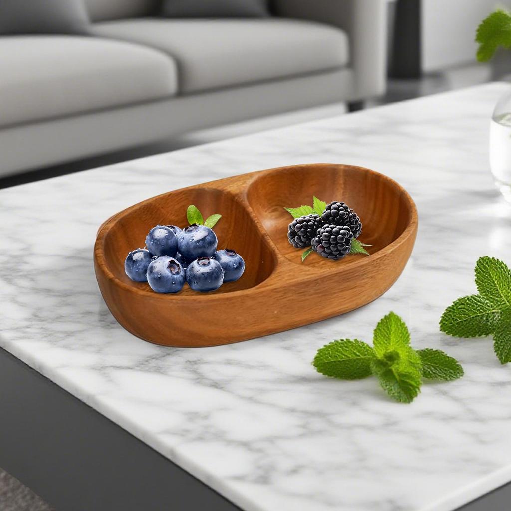 Double Compartment Kids Snack Bowls Wooden Food Dish Countertop Kitchen Party Adults Salad Candy Fruit Nuts Picnic