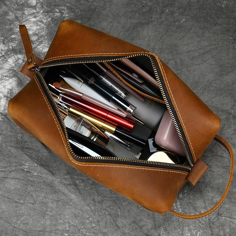 Genuine Leather Toiletry Bag Men Women Vintage Crazy Horse Travel Pouch With Cotton-Polyester Lining
