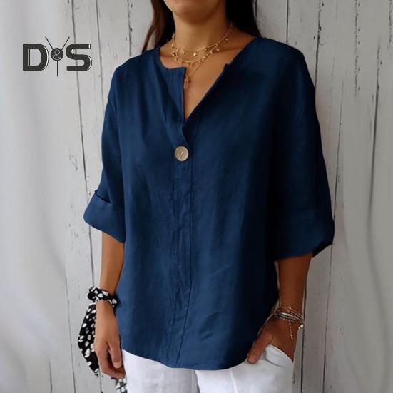 Women Shirt V-Neck Button Decor 3/4 Sleeve Pullover Tops Loose Fit Basic Neckline Solid Color Summer Shirt Tops