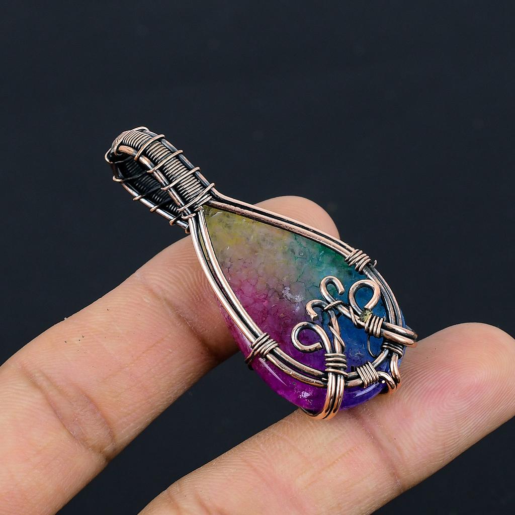 Natural Rainbow Solar Quartz Gemstone Copper Wire Wrap Gift Pendant 2.4" P3W66