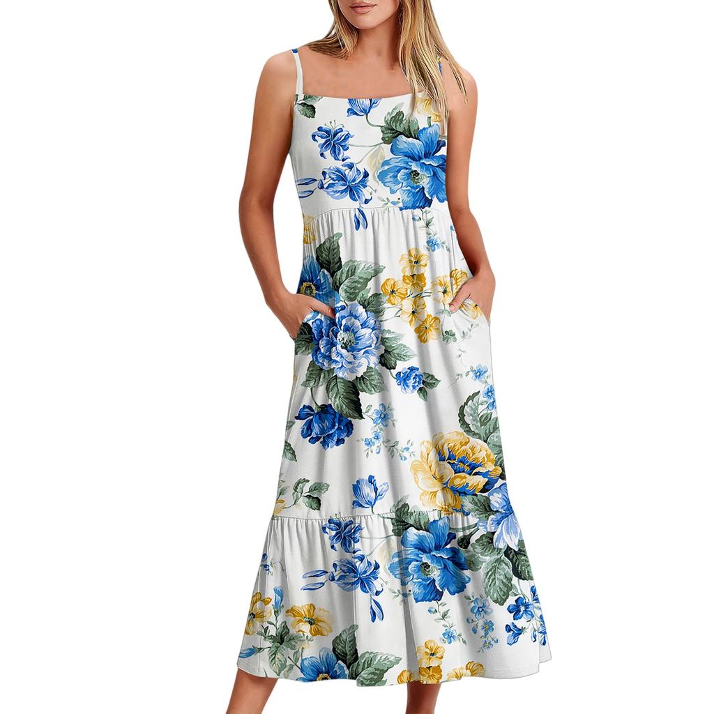 Women's Long Beach Casual Elegant Spaghetti Strap Maxi Dress Floral Low-key Flowing Bohemian Dress