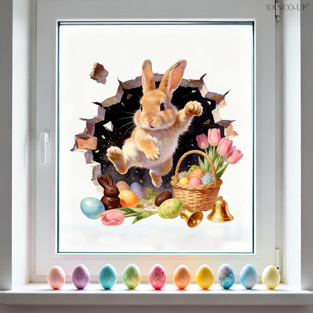 Easter Window Stickers, Creative Cute Floral Bunny Eggs Decor, Static Cling Glass Decals for Bedroom Living Room Holiday Decoration