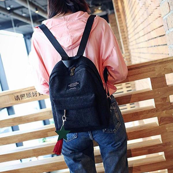 Women School Soulder Bag Tassel Corduroy Backpack Preppy Style Knapsack