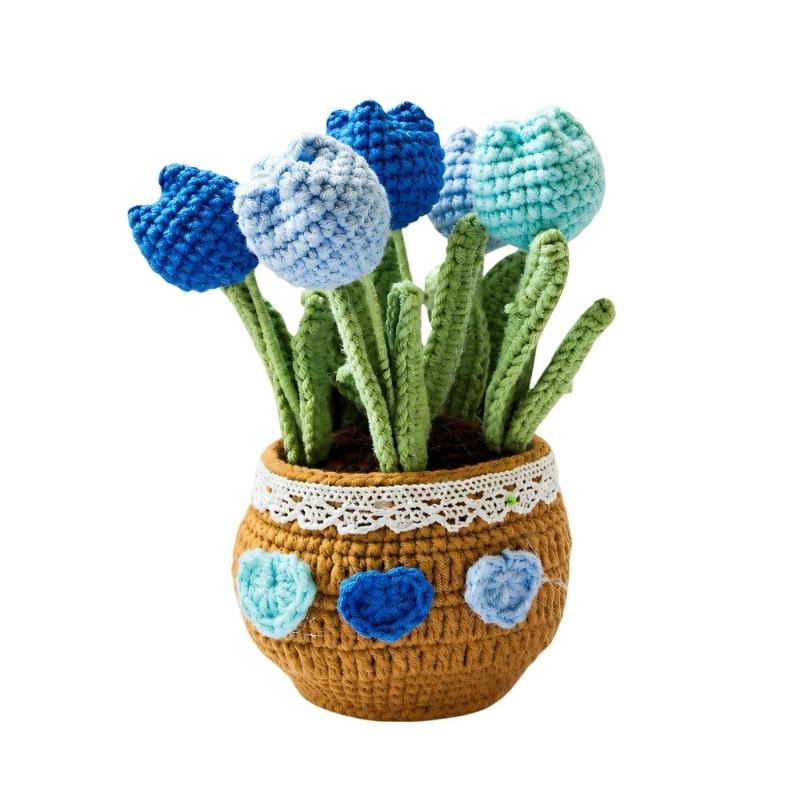 Potted Crochet Tulips Decors with Handcrafted Yarn Texture, Handmade Knitted Potted Flower for Tabletop Display, Gift for Women