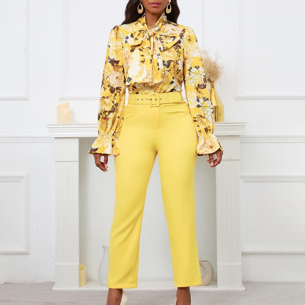Women 2 Pieces Sets Spring Long Sleeve Shirts Pencil Pants Belt Waisted Elegant Female Outfits Pant Sets Clothes