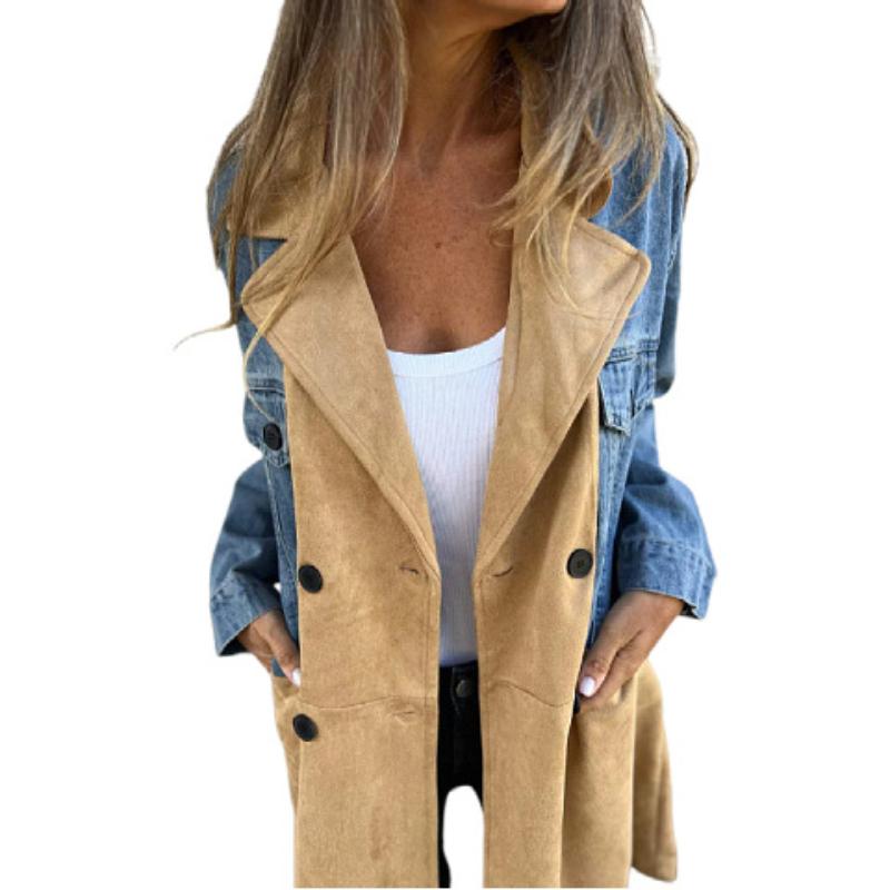 

Женское длинное пальто из смешанных материалов, серое и бежевое двубортное XXL тёмно-синий