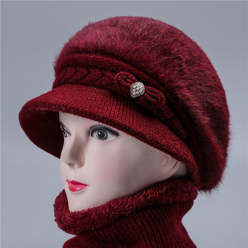 Autumn winter middle-aged elderly women with rabbit hair mother's woolen hat old lady's warm hat with added velvet in winter grandmother's hat