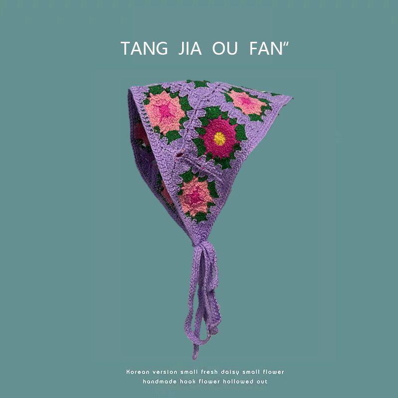Korean Style Knitted Crochet Triangle Scarf: Women's Sweet Flower Headscarf Hat