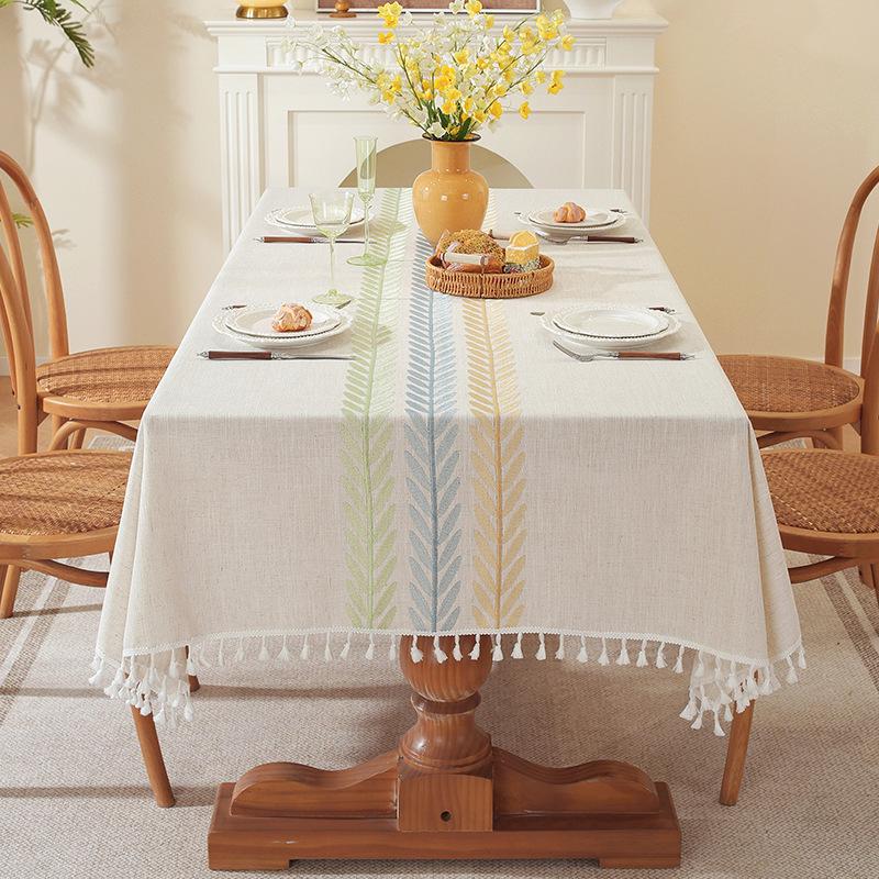 Nordic Embroidered Cotton Linen Tablecloth with Tassels - Dustproof Rectangular Cover for Dining or Coffee Table
