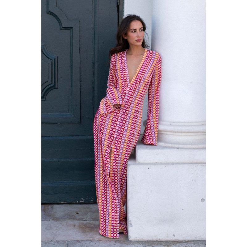 Women's V‑Neck Hollow Out Crochet Long Sleeve Maxi Dress Beach Cover‑Up Vacation Outfit