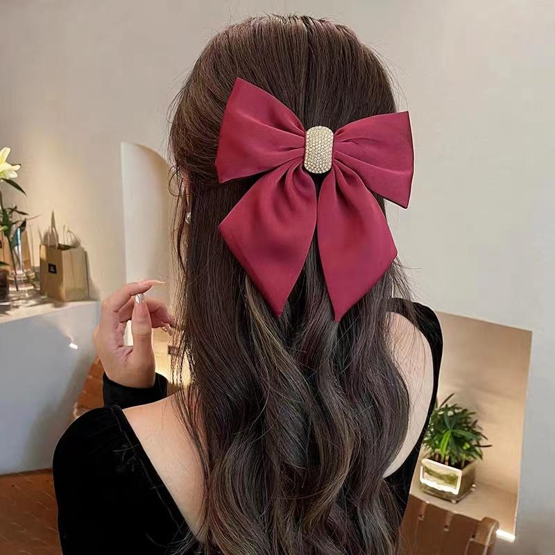 

New style chiffon bow hair clip women pure color high-grade rhinestone spring clip hair accessories красный