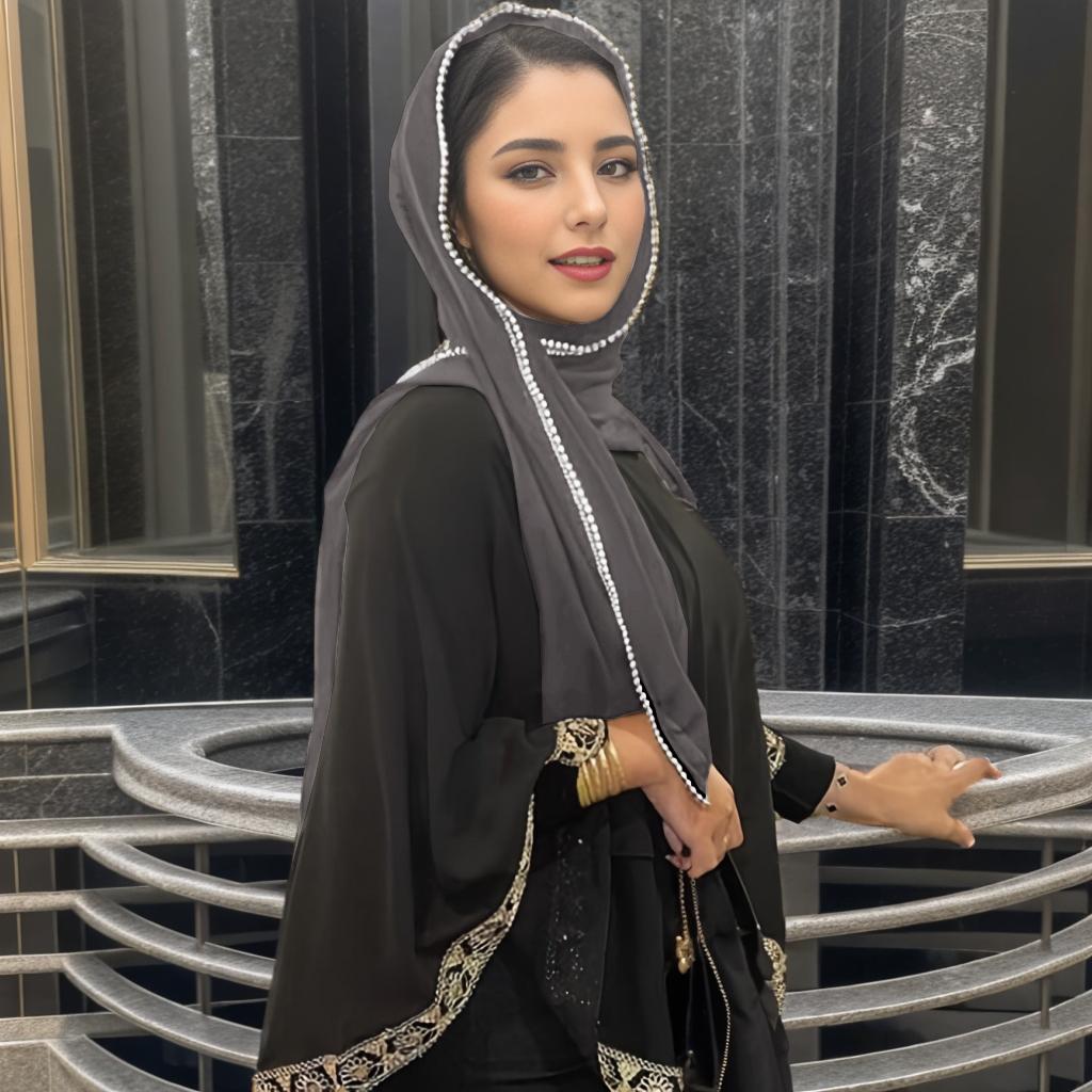 New Ramadan Chiffon Hijab Scarf With Pearls Beads Muslim Hijab With Chain Solid Long Shawls Headscarf Wraps Islamic Headband
