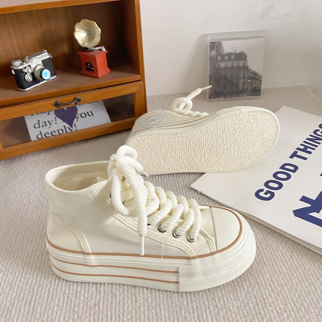 H1292 2024 Spring Festival New Thick-soled High-top Canvas Shoes Women's Thin Niche Muffin Baseplate Shoes Little White Shoes