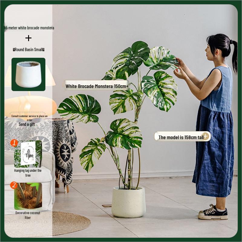 White Variegated Monstera Faux Tree - Large, Potted, Light Luxury Decor for Living Room