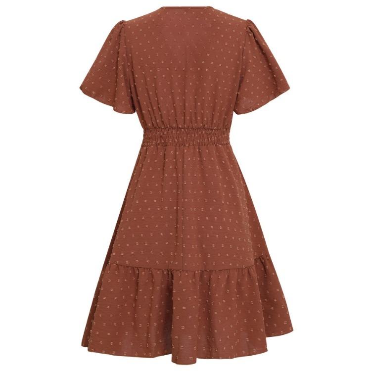 Women Casual V-Neck Short Sleeve A-Line Dress High Waist Above Knee Solid Color Lotus Leaf Design Spring Summer S-XL