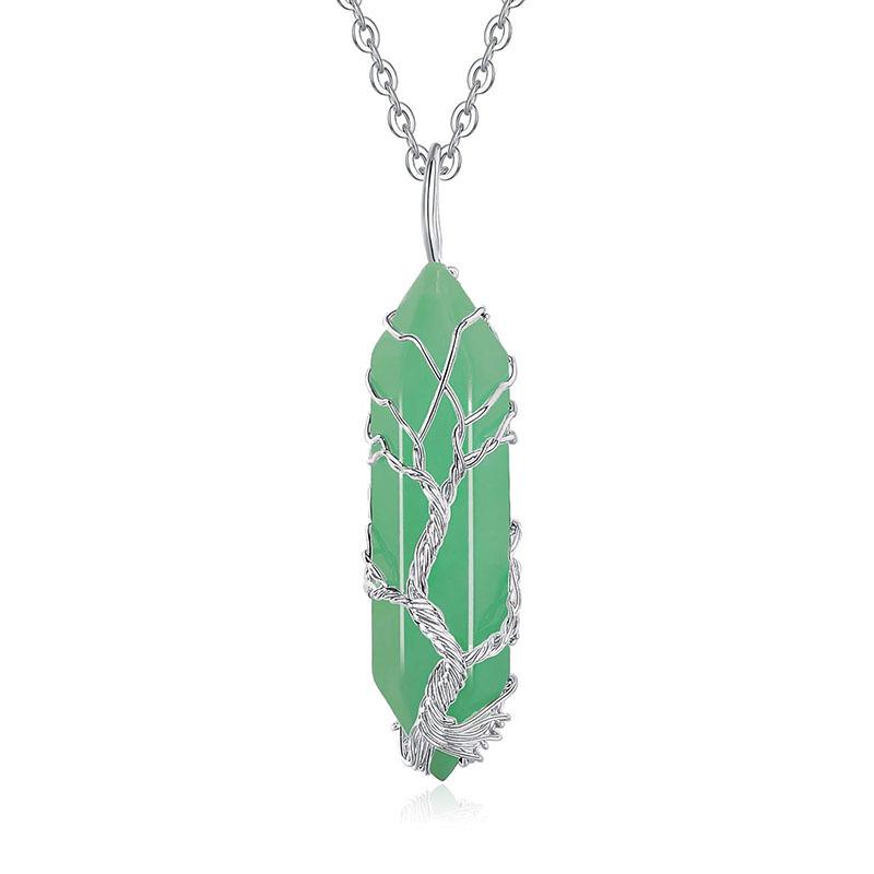 Tree of Life Natural Crystal Hexagonal Pendant Necklace with Wire-Wrapped Design