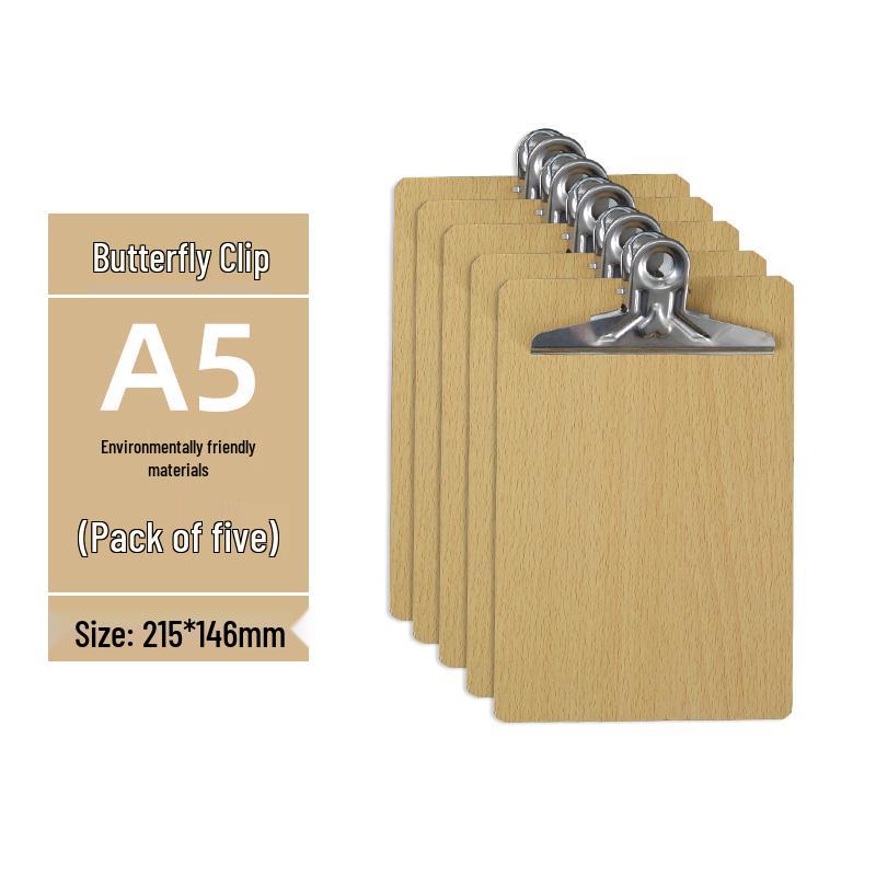 Zestaw 5 drewnianych podkładek z uchwytem na długopis, blokiem do pisania A4/A5 i teczką 16K - idealny do przyjmowania zamówień w restauracji i robienia notatek.