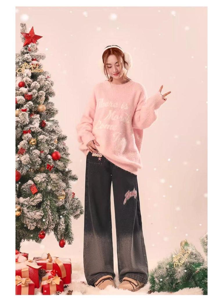 Women's Winter Velvet Gradient Embroidered Wide-Leg Jeans