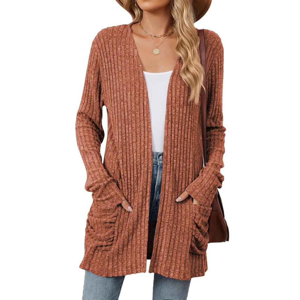 Autumn and Winter New Ladies Knitted Pockets Long-sleeved Casual Cardigan Jacket Long Cardigan Women Tops Kawaii Sweater