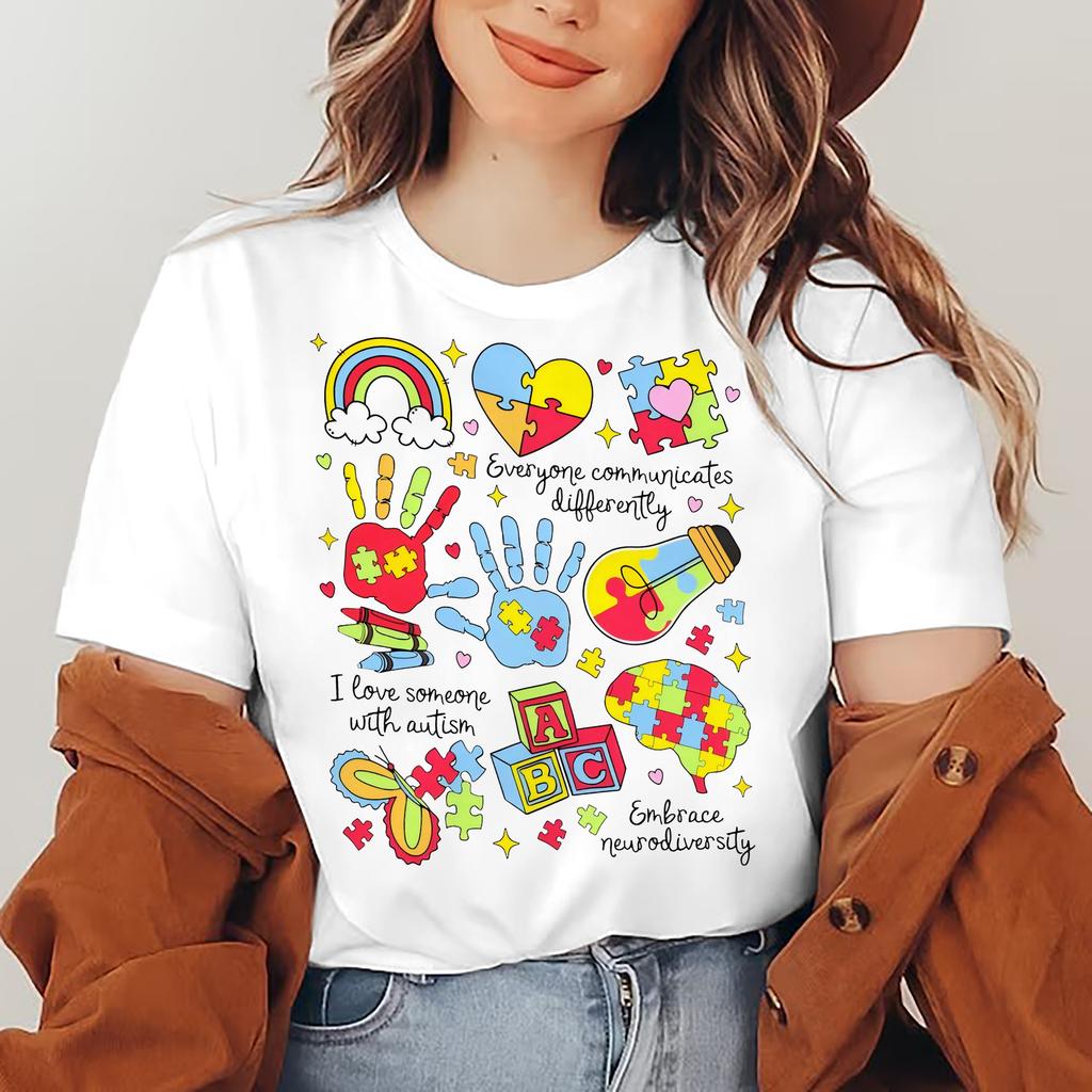 Autism Awareness Im April We Wear Blue Casual TShirt Soft Elastane Blend Crew Neck Short Sleeve Womens Spring Tops
