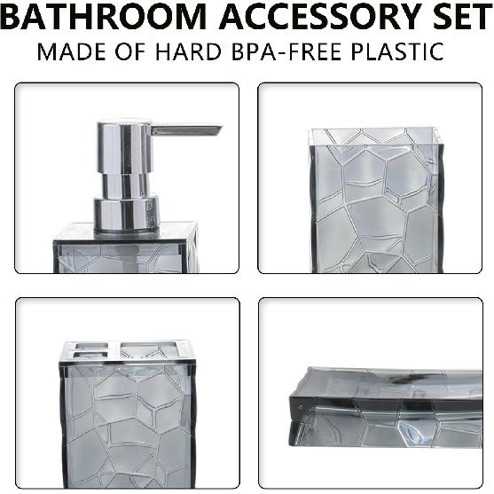 Bathroom Accessories Set 4-Piece Plastic Gift Set with Toothbrush Holder, Toothbrush Cup, Soap Dispenser, Soap Dish(Gray)