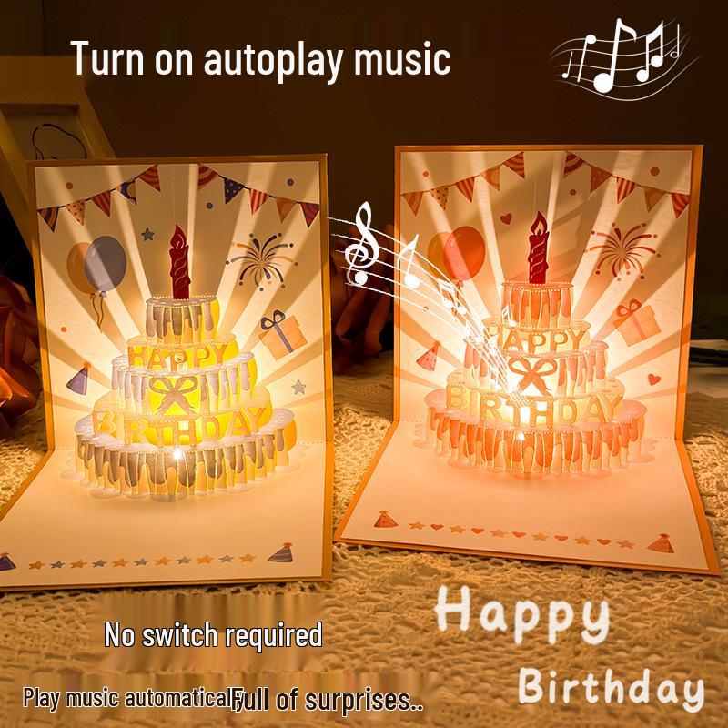 3D Stereoscopic Music Light Greeting Card: Foldable Cake & Blessing Message for Happy Birthday Gift