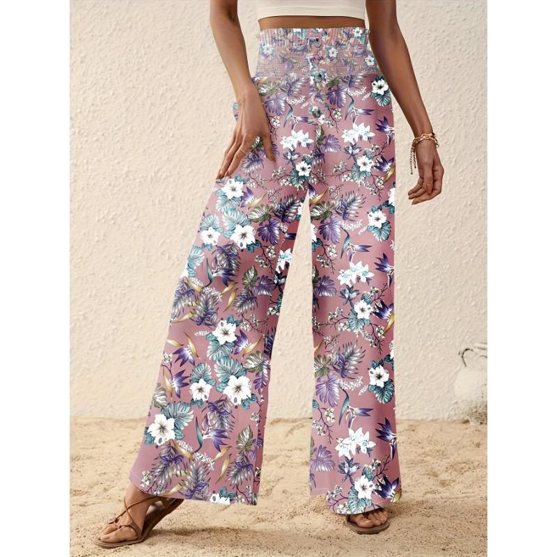 Women's Fashion Casual Flower Pattern Print High Waist Trousers Pants & Capris