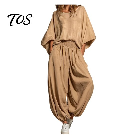 Women Two-piece Suit Women s 2 Piece Sets, Loose Crew Neck Batwing Sleeve Top Plus Size And Lantern Pants Summer Travel Vacation Outfits with Pockets M
