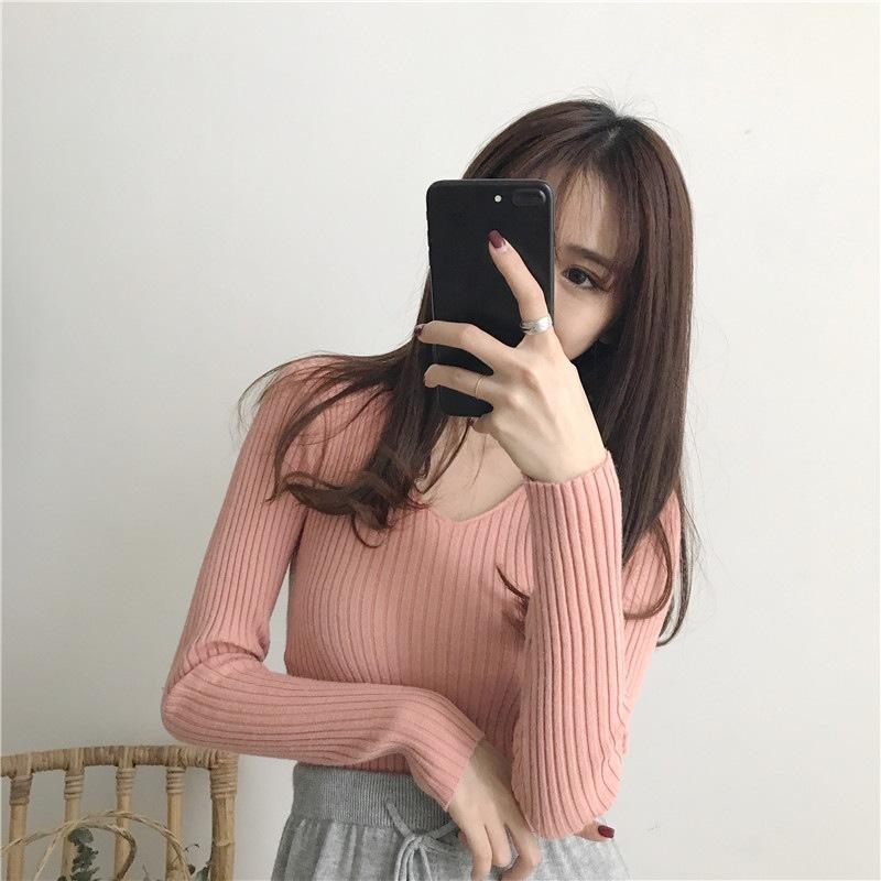 Korean Version Versatile Slim Fit Ins Autumn and Winter Long Sleeved V-neck Pullover Base Sweater Knitted Sweater with Pit Stripe Sweater for Women