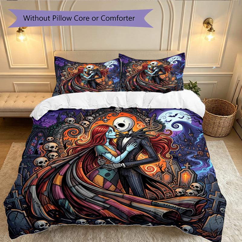 3pcs Halloween Jack Sally Skull Bedding Set for All Season Use, Cozy Printed Bedclothes Suitable For Bedroom Ideal Birthday Gift for Family