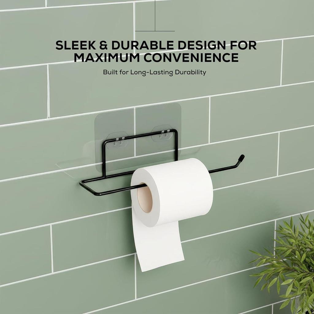 Self Adhesive Towel Holder in Bathroom | Toilet Paper Roll Holder | Tissue Roll Hanger for Kitchen, Black (Pack of 2)