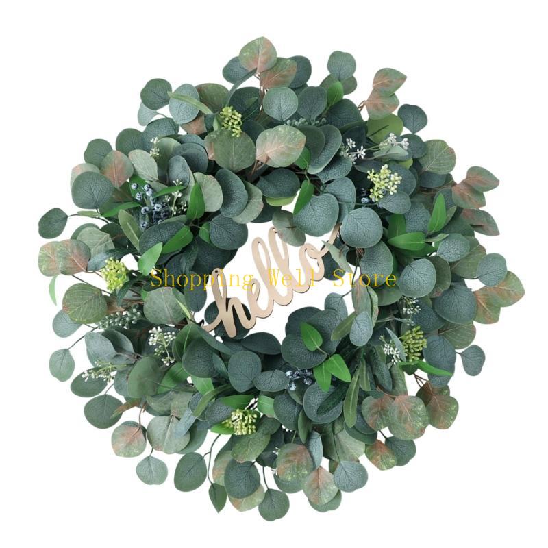 KX4B Multipurpose Large Green Leaf Artificial Wreath with Berries Designs for Festival Garden and Party Decorations