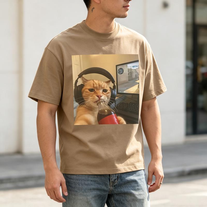 Funny Cat Tee Headphones Soda Drink Print Unisex Unisex Cotton Short Sleeve Trendy Streetwear Y2k Top Oversized T Shirt