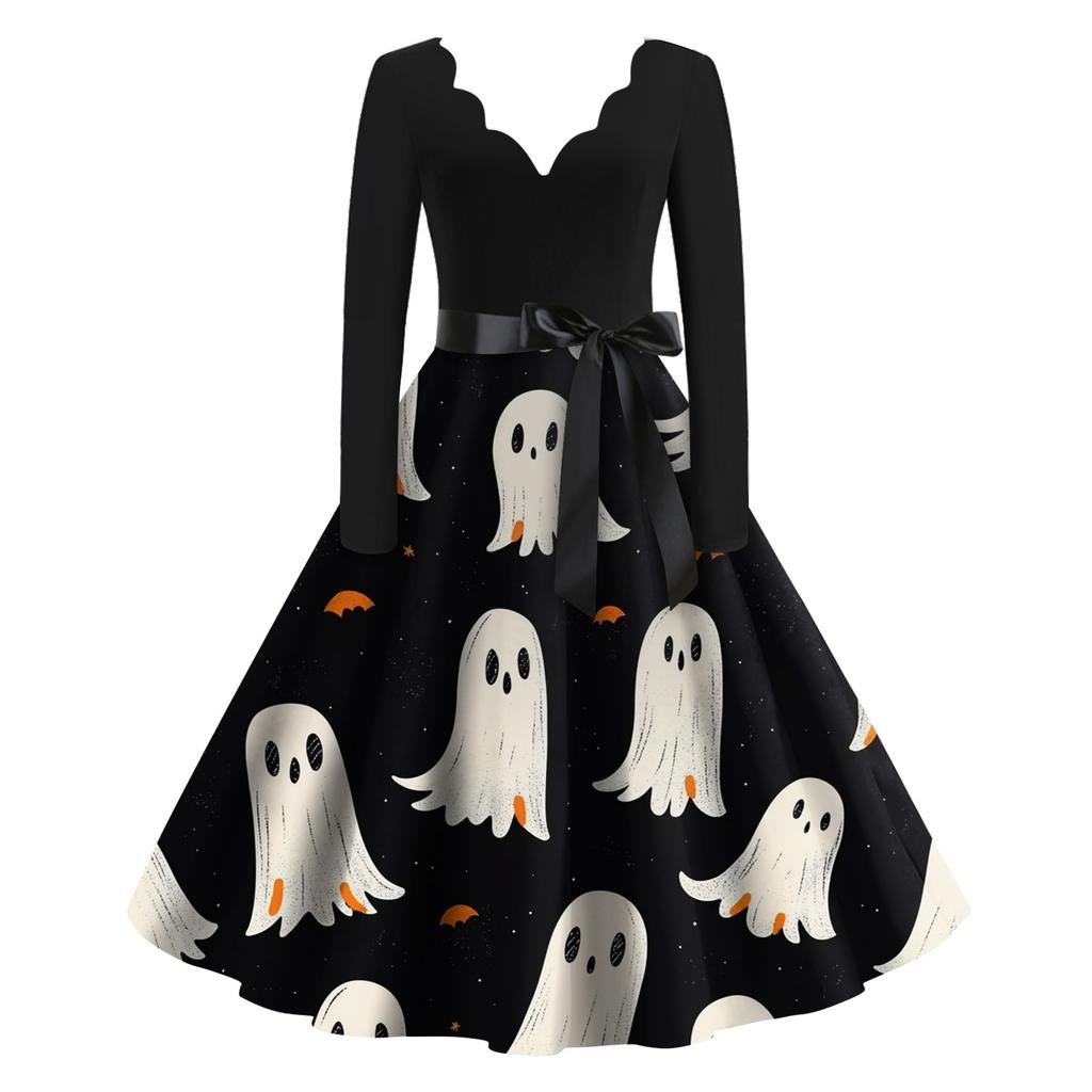 Kvinners uformelle mote Halloween trykt V-hals vintage kjole
