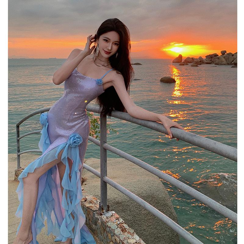 Sexy Split Sequin Suspender Dress Light Luxury High-end Birthday Party Dress Seaside Vacation Dress