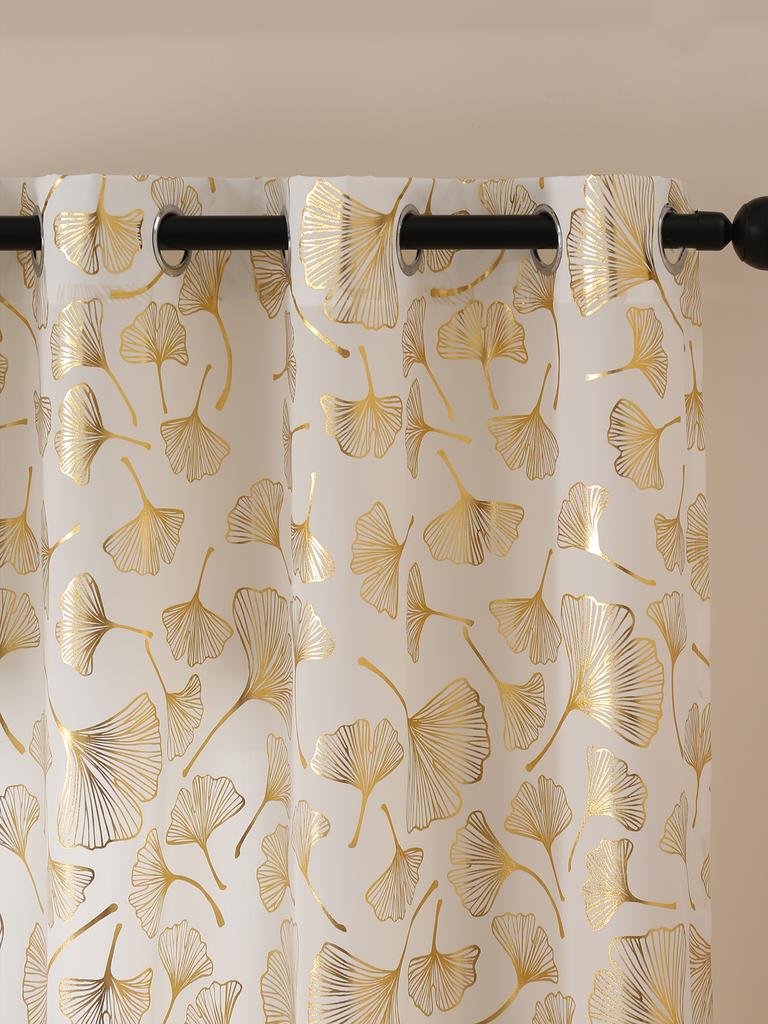 Sheer Curtains for Bedroom Gold Leaf Print White Window Treatment Set Grommet Top