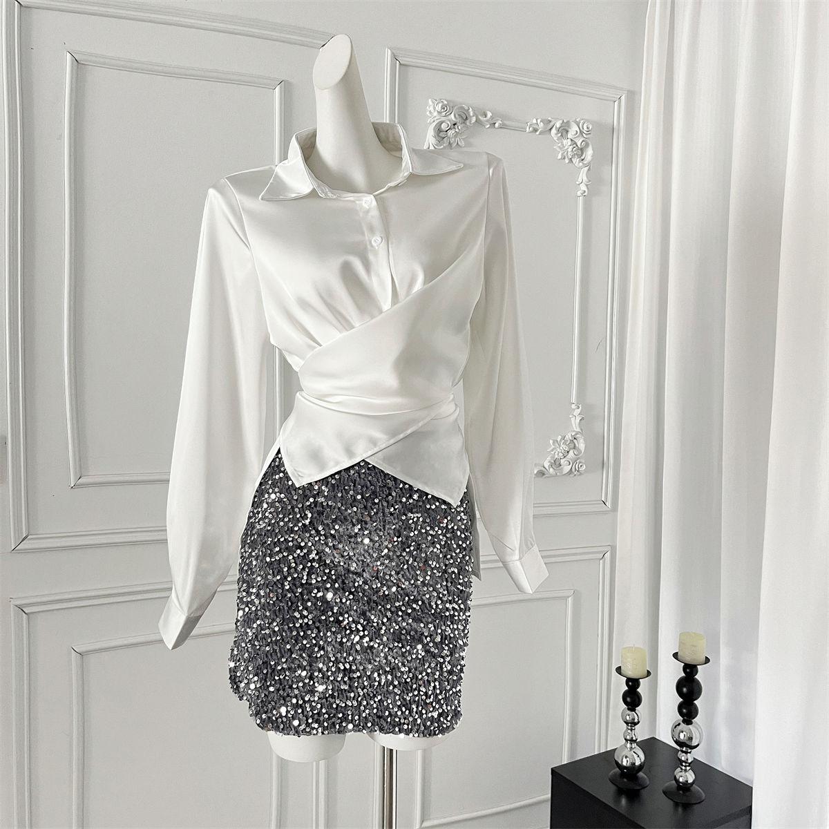 

Нестандартная женская рубашка с длинными рукавами и плиссированным верхом на талии в стиле шоппинга, корейская модная женская одежда S белый