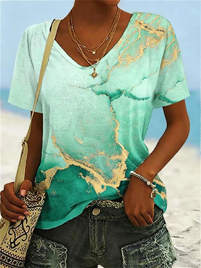 Women's Gradient Marble Print V-Neck T-Shirt, Casual Short Sleeve Tops, Modern Abstract Daily Wear for Spring & Summer