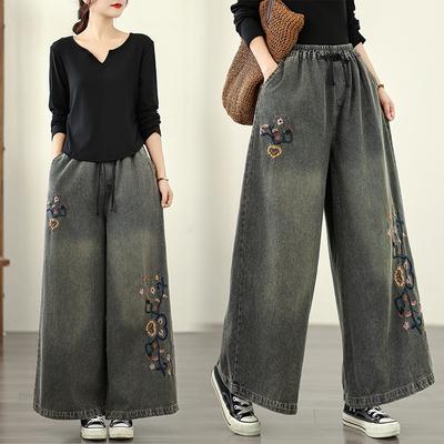 DIMANAF 2025 Plus Size Women Jeans New Long Pants Loose Denim Trousers Big Size Casual Embroidery Floral Autumn