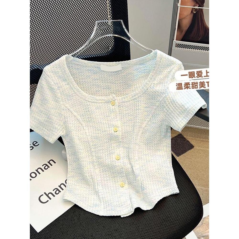 No price reduction #sweet wind niche u-neck short-sleeved t-shirt women's summer new pure desire spice girl slim versatile