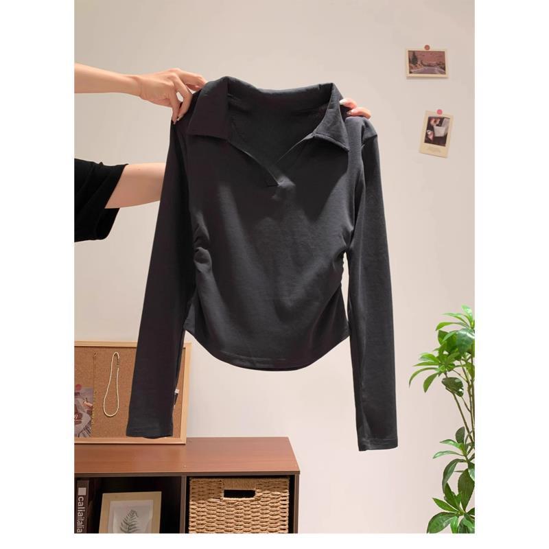 Gray Polo Collar Long-Sleeve Plus Size Fitted T-Shirt for Women - Slimming & Flaw Covering, Early Autumn 2025 Collection S чёрный