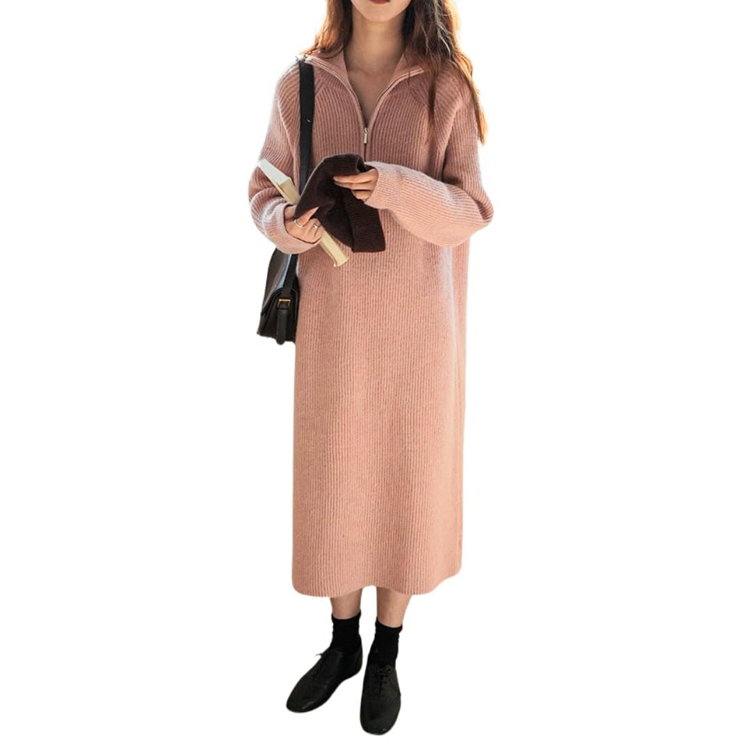 

Knit Long High Half Room Long Pink [UQQA] Dress, Neck, Zip, Women s, Soft, Spring, Autumn, Winter, Wear, Warm, Length, Adult, Cute, Beautiful, рожевий