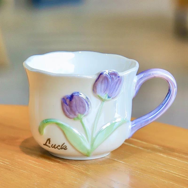 High Looking Underglaze Color Electroplated Tulip Series Ceramic Mug Girl's Favorite Cup Couple Pair Cup Ins Style