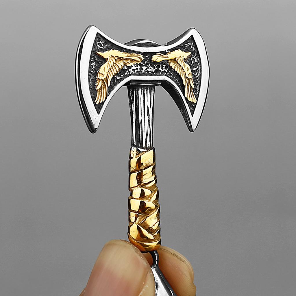 Viking Odin Raven Huginn and Muninn Double Axe Titanium Steel Stainless Steel Necklace Pendant Men's Scandinavian Jewelry Gift