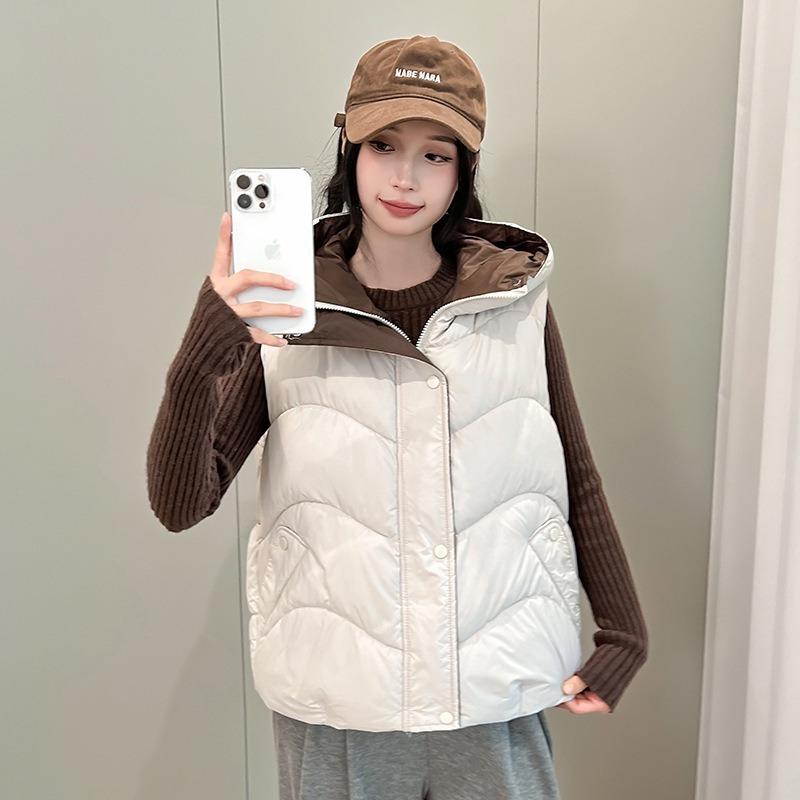 Women's winter hooded down cotton vest sleeveless cotton jacket vest warm loose casual cotton vest batch
