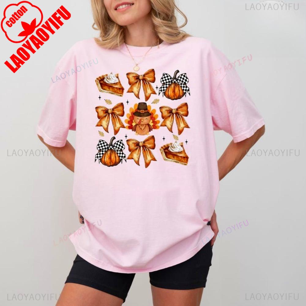 Retro Thanksgiving TShirt Coquette Bow Shirt Pumpkin Fall TShirt Thanksgiving Gift Cute Turkey Tee Women Fashion Daily Life Top