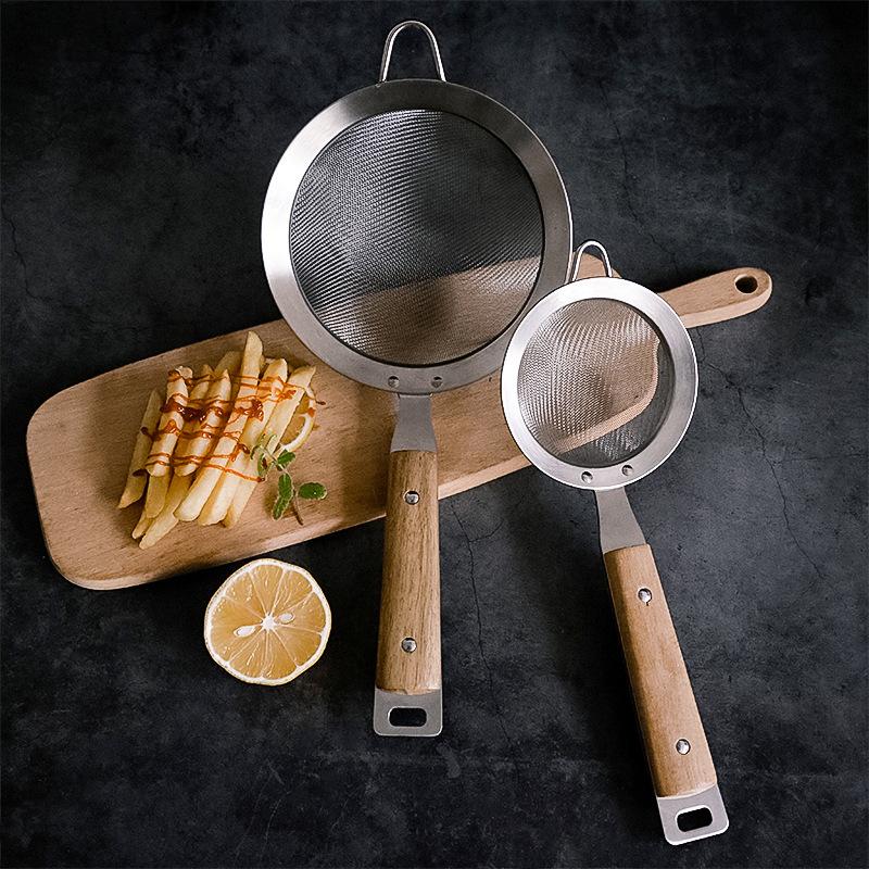 Stainless Steel Strainer Colander Wooden Handle Fine Mesh Skimmer Frying Food Scoop Oil Filter Household Kitchen Utensils
